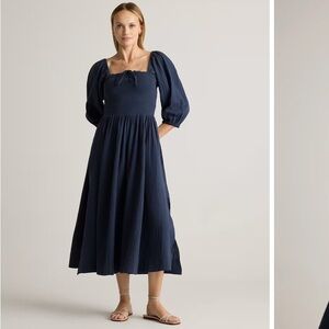 Quince smocked share neck midi dress in cotton gauze Size M